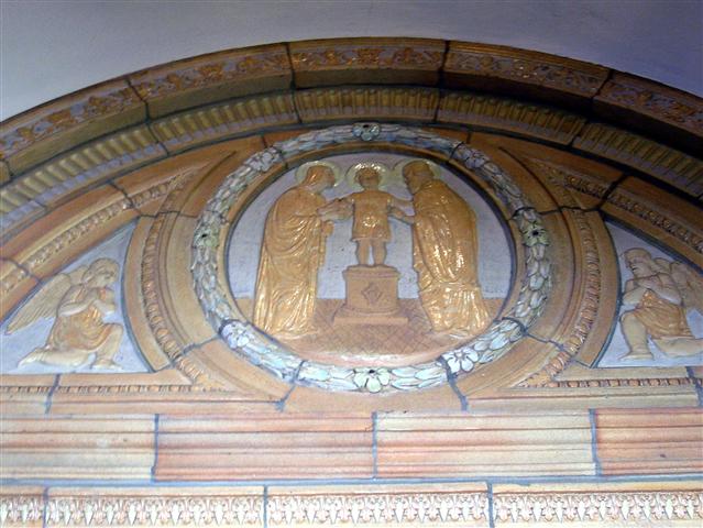 The early life of Christ is depicted in relief in six terra cotta medallions in the narthex of the church. Here we see The Presentaton of the Child Jesus in the Temple (Luke 2:22-40) The Feast of the Presentation is celebrated on February 2. Photo credit: Margaret Dick.