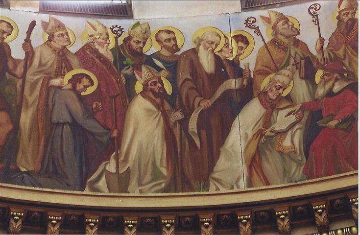 St. Martin of Tours (c. 315-397, whose feastday we celebrate on November 11, appears in the dome of our church in a painting by Buffalo-born artist Joseph Mazur. He is depicted standing at the far left in this photo and is part of a group of 14 figures identified as “Confessors, Bishops, and Missionaries.” (Rev. Walter Kern’s "Guidebook to Blessed Trinity R. C. Church," p. 39. Photo credit: Duane Held.
