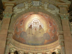Depiction of the Blessed Trinity in our church's baldachino. Photo credit: Gary Kelley