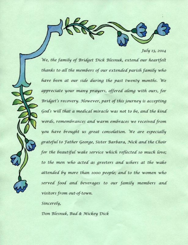 A note of appreciation, as it appeared in our parish bulletin on July 12 and 13, 2014.