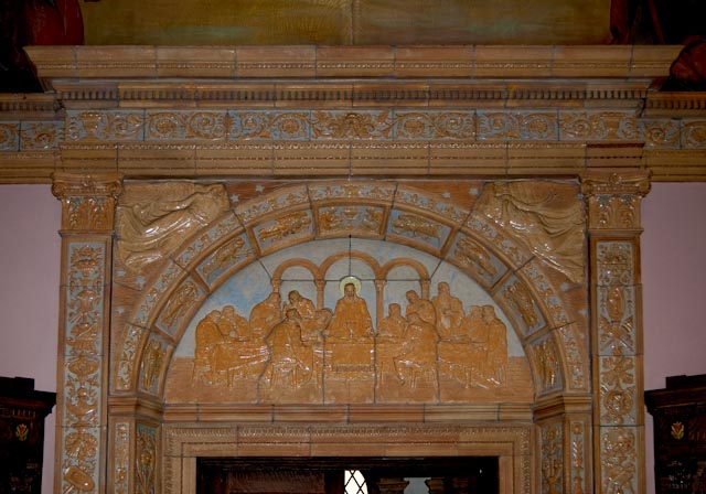 "Jesus said to them, 'I am the bread of life; whoever comes to me will never hunger, and whoever believes in me will never thirst'." John 6:35 P. Kuhnle's ceramic sculpture of the Last Supper over the inside door in Blessed Trinity's Right (West) Transept. Photo credit: Steve Mangione