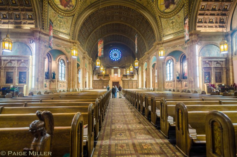 Photo of church transept and nave looking from Sanctuary down the main aisle, taken by Open House visitor Paige Miller.