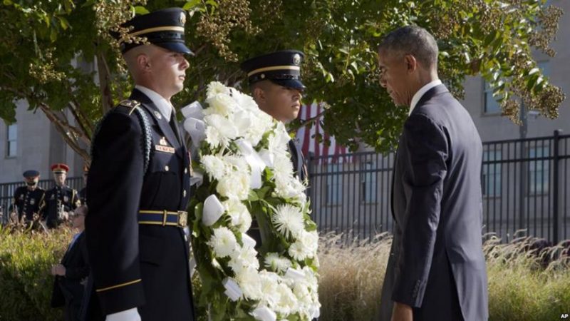 President Barack Obama at the Pentagon, Sunday, Sept. 11, 2016. Memorial observance commemorating the 15th anniversary of the 9/11 terrorist attacks. Associate Press photo.
