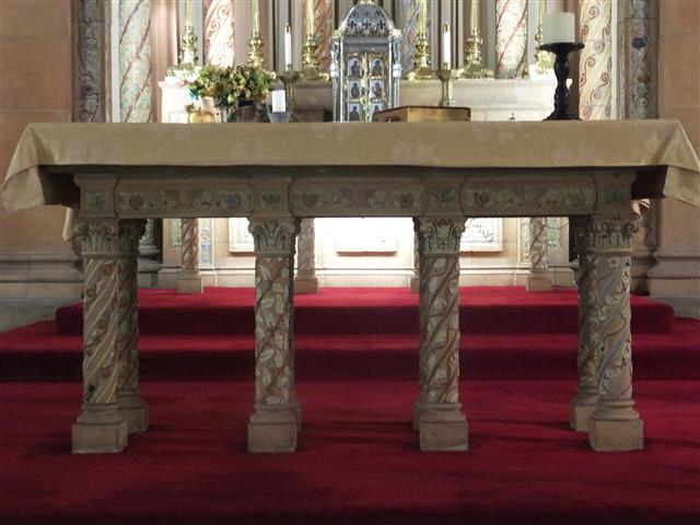The Altar of Sacrifice at Blessed Trinity is dedicated to St. Isaac Jogues and his companions, Jesuit martyrs who are commemorated in a single celebration on October 19. A relic of St. Isaac Jogues is one of several placed in the altar when it was consecrated by Bishop Edward D. Head on June 2, 1976..